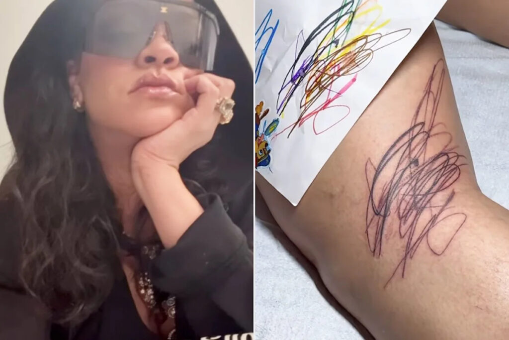 Rihanna Debuts Large Scribbled Leg Tattoo 'Designed by Her Babies': See Their Artwork