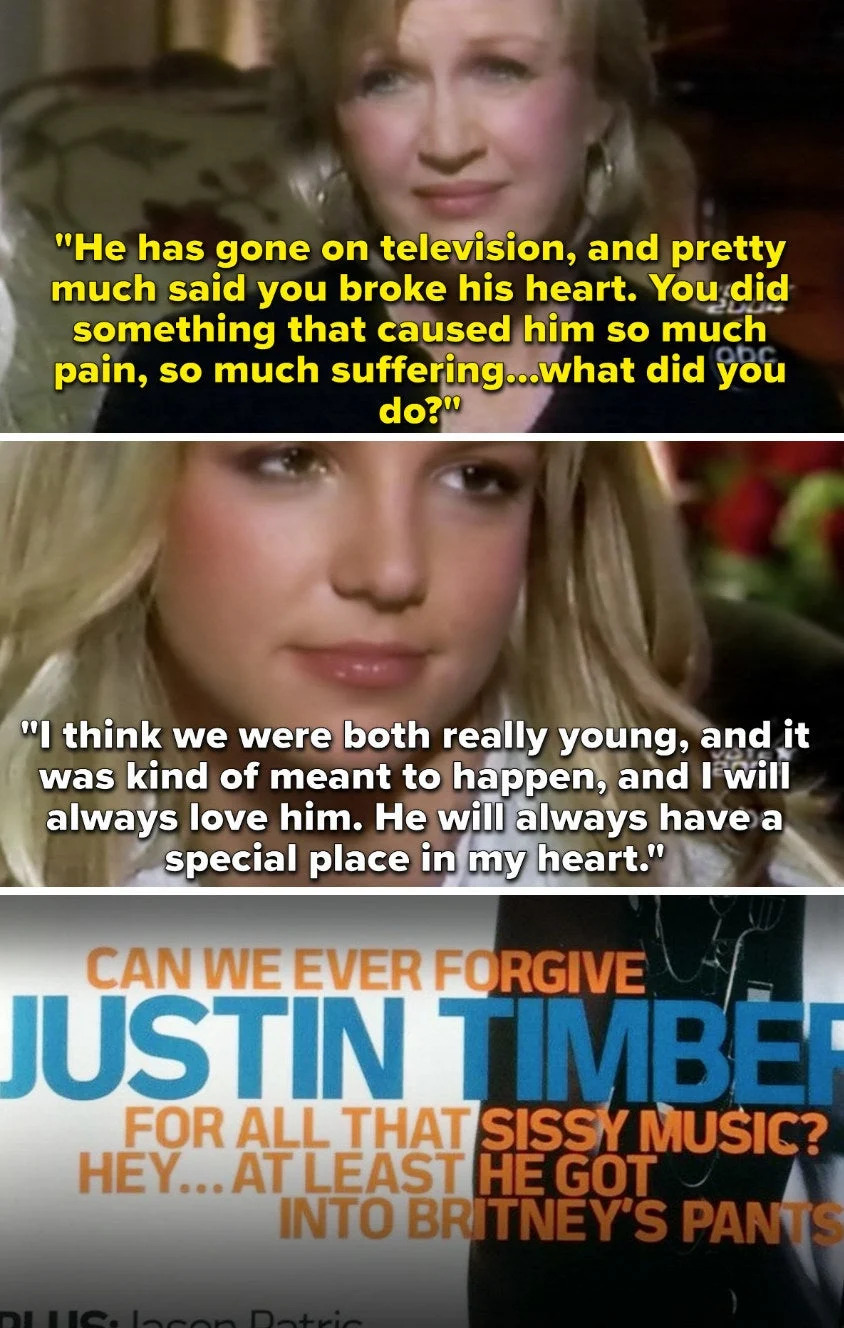 Top: Diane Sawyer interview quote asking about causing pain. Middle: Britney Spears discussing young love and lasting feelings. Bottom: Headline questioning forgiveness for Justin Timberlake