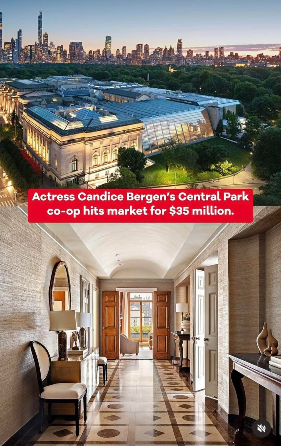 Actress Candice Bergen is listing her iconic Central Park co-op for $35M. The four-bedroom residence spans the entire 16th floor of a Rosario Candela-designed building, with panoramic reservoir views, glass terrace parapets, a nearly 30-foot living room, and a private elevator. Actress Candice Bergen is listing her iconic Central Park co-op for $35M. The four-bedroom residence spans the entire 16th floor of a Rosario Candela-designed building, with panoramic reservoir views, glass terrace parapets, a nearly 30-foot living room, and a private elevator.