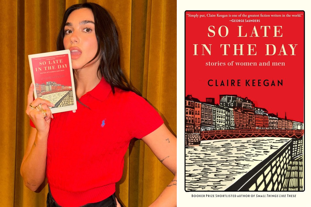 Collage of Dua Lipa holding the book "So Late in the Day" by Claire Keegan, and a close-up of the book cover.