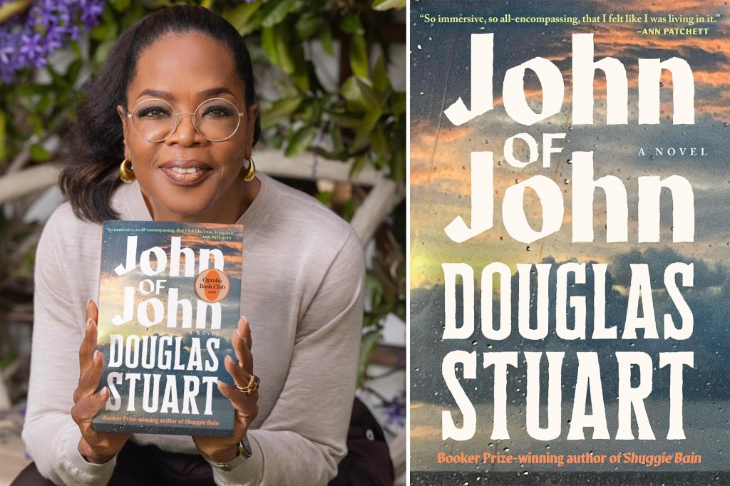 Collage of Oprah Winfrey holding a copy of "John of John" by Douglas Stuart and a close-up of the book cover.