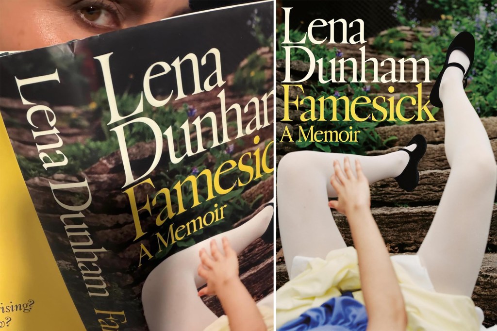 Collage of a woman's eyes peeking over a book titled "Lena Dunham Famesick A Memoir" and a close-up of the book's cover.