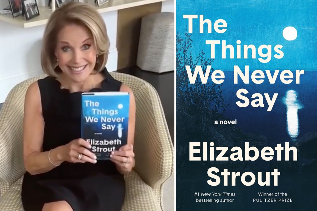 Collage of a woman holding a book and a close-up of the book's cover, titled "The Things We Never Say" by Elizabeth Strout.