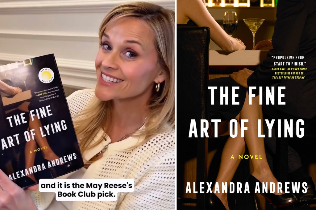 Collage of Reese Witherspoon holding a copy of "The Fine Art of Lying" next to a close-up of the book cover.