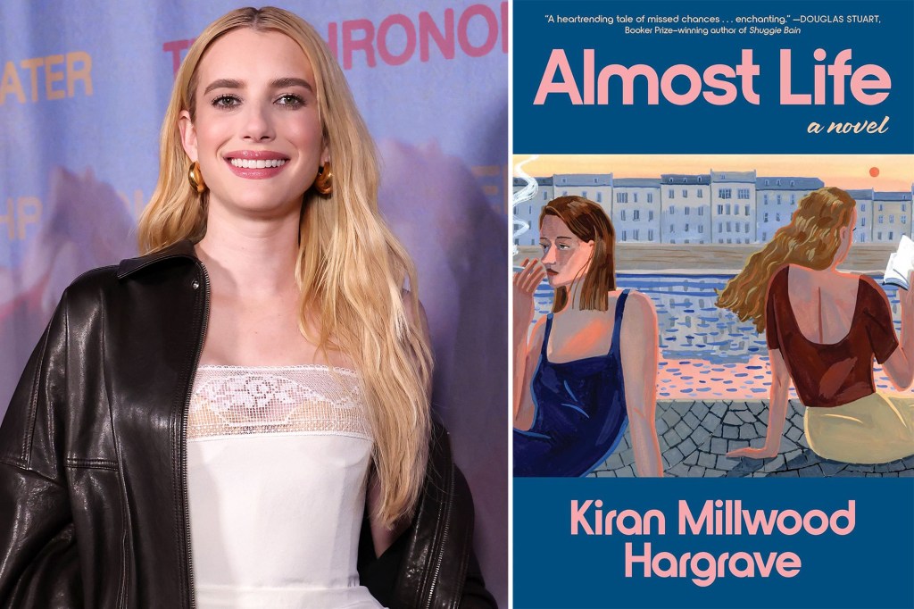 Emma Roberts posing beside the "Almost Life" novel cover.