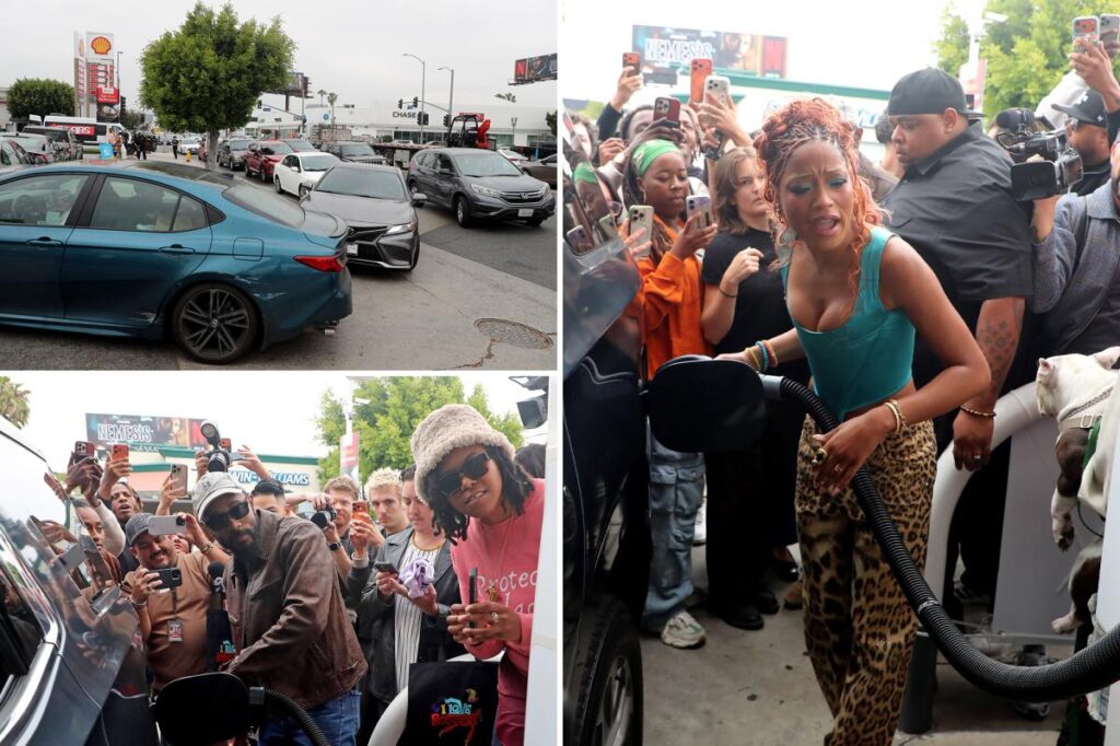 Hollywood stars’ free gas stunt sparks pandemonium at LA station Hollywood stars' free gas stunt sparks pandemonium at LA station