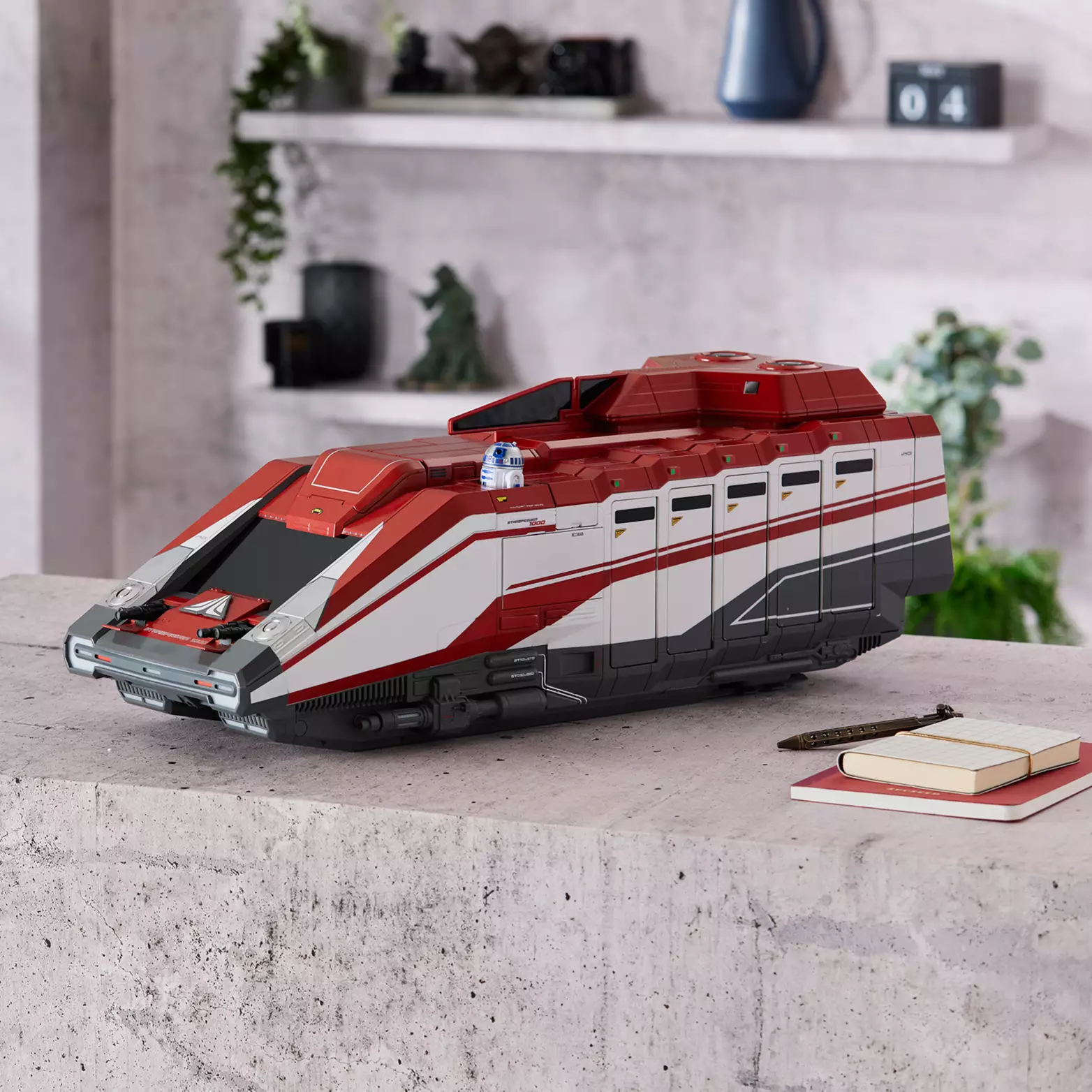 This Star Tours StarSpeeder 1000 Vehicle Play Set includes a detailed toy version of the Starspeeder spacecraft from Star Tours: The Adventures Continue. The play set also features an LCD screen with the attraction’s original film content from Disney Parks. The set is inspired specifically by the current Star Tours ride vehicle, which itself is an updated repaint of the earlier StarSpeeder 3000 model.