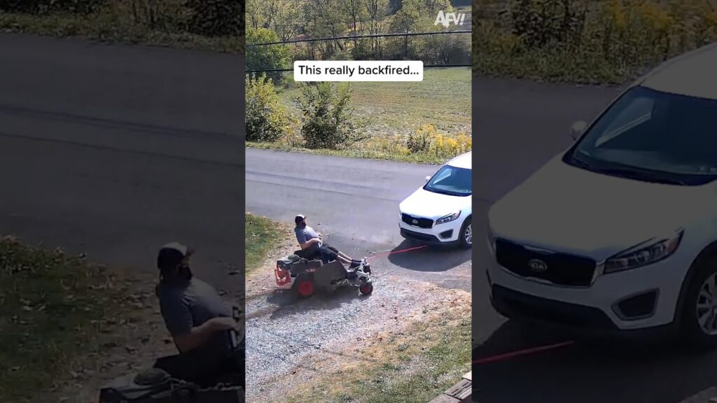 This guy thought a lawnmower could tow a car 😭 #trynottolaugh #fails #cctv