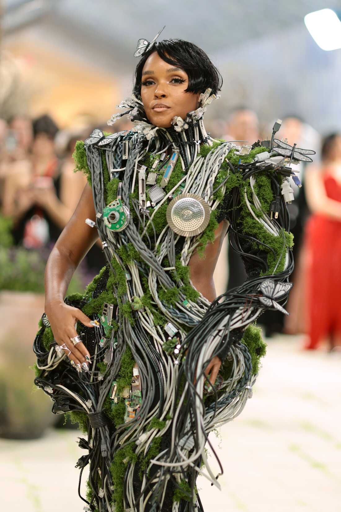 Janelle Monáe attends the 2026 Met Gala. She is wearing a gown that has cords woven together with moss and is accented with butterflies.