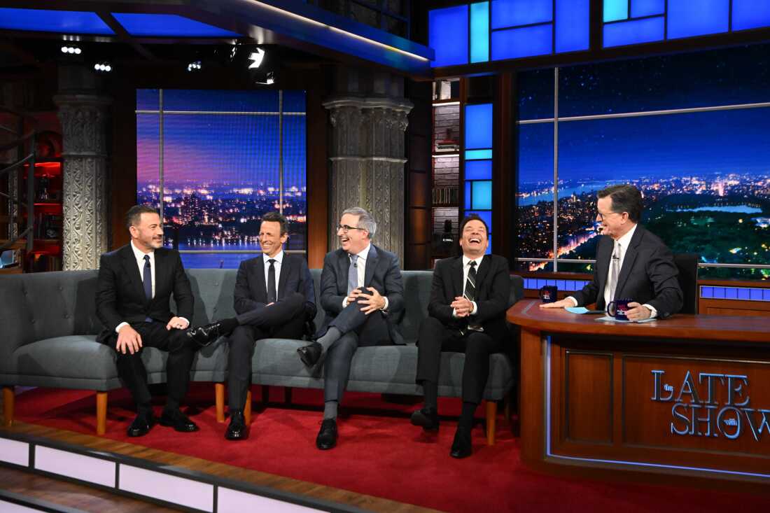 The Late Show with Stephen Colbert and guests Jimmy Kimmel, Jimmy Fallon, John Oliver, and Seth Meyers during Monday’s May 11, 2026 show.