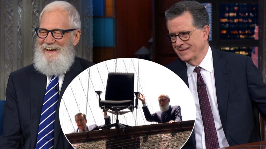 David Letterman Helps Stephen Colbert DESTROY Late Show Set by THROWING Furniture Off NYC Rooftop David Letterman Helps Stephen Colbert DESTROY Late Show Set by THROWING Furniture Off NYC Rooftop