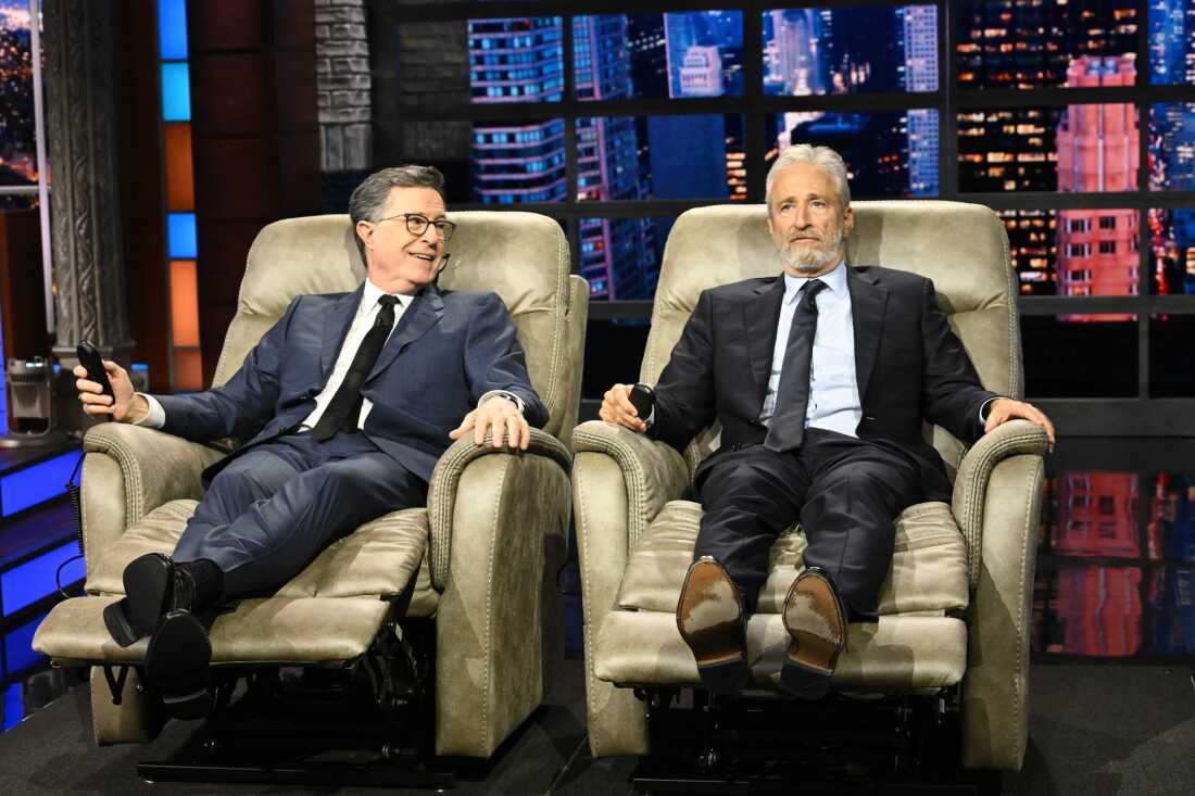 Stephen Colbert and guest Jon Stewart lounge on Tuesday night’s The Late Show with Stephen Colbert. The program's final episode will air Thursday night.