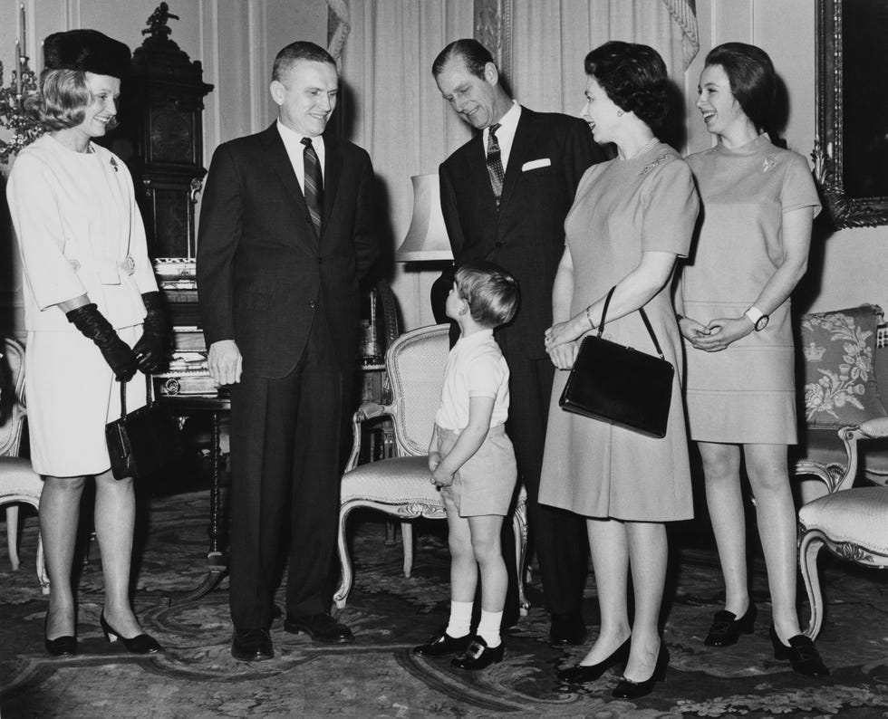american astronaut colonel frank borman, commander of the apollo 8 mission, visits the queen, prince philip, princess anne and prince edward at buckingham palace, with his wife susan, 4th february 1969. he is on a nineteen day goodwill tour of europe. (photo by monti spry/central press/hulton archive/getty images)