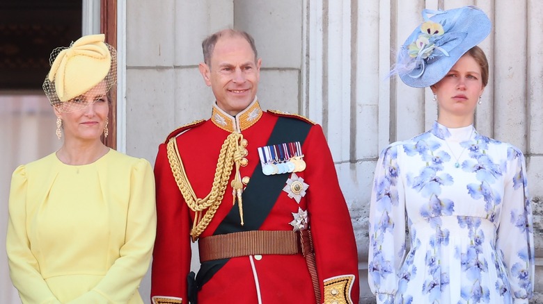 Lady Louise Windsor posing on the balcony of Buckingham Palace with her parents in 2024