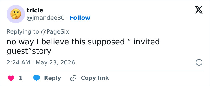 Tweet expressing disbelief about invited guest story related to Taylor Swift wedding plans