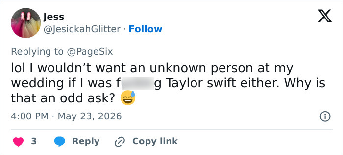 Tweet commenting on Taylor Swift wedding plus-one guest drama