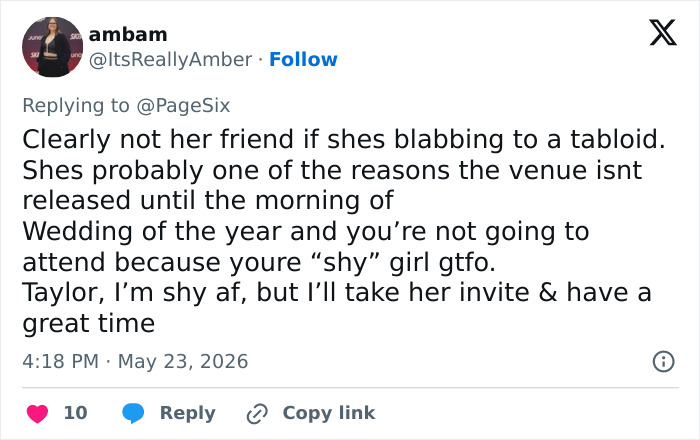 Tweet about Taylor Swift wedding plans and guest drama over plus-one invitation