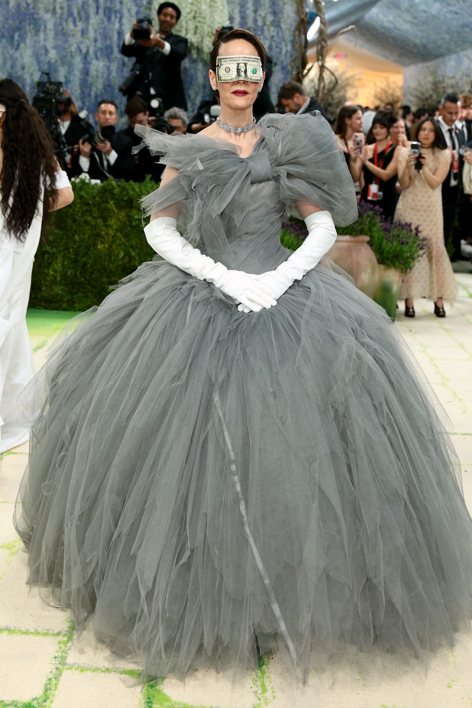 Image may contain Sarah Paulson Person Clothing Costume Glove Dress Formal Wear Adult Wedding Fashion and Gown