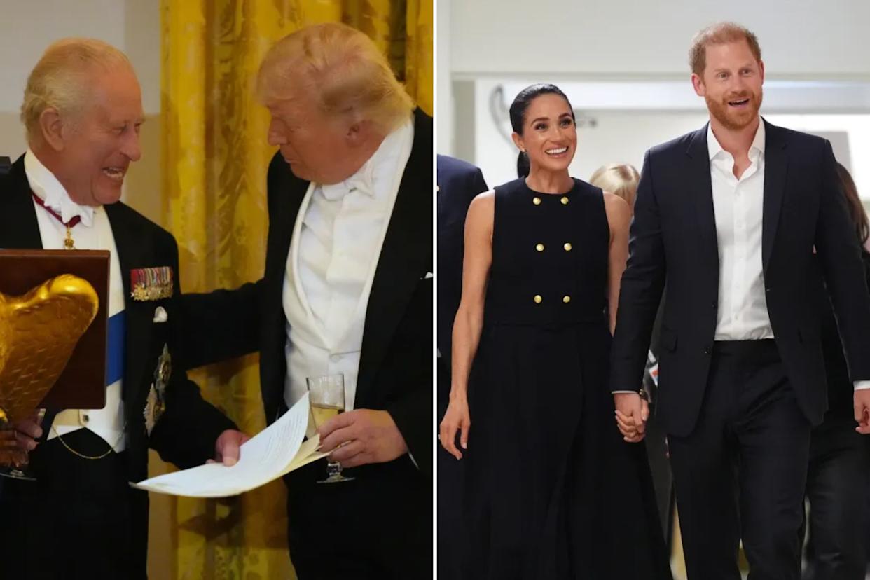 An image collage containing 2 images, Image 1 shows King Charles III , in white tails and medals and a blue sash, laughing with Donald Trump, in white tails, at a State Dinner, Image 2 shows Britain's Prince Harry, in a black suit and white shirt, and Meghan Markle, in a sleeveless black dress with gold buttons, visit the Royal Children's Hospital in Melbourne, Australia