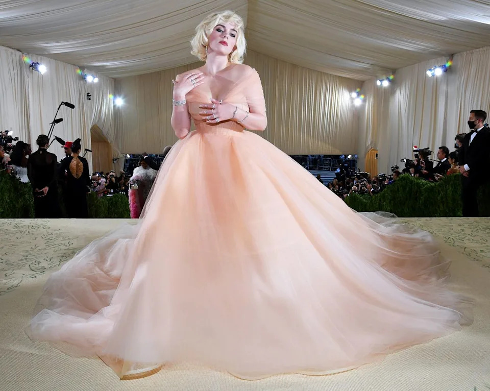 Billie Eilish poses atop the Met Gala stairs in N.Y.C. on Sept. 13, 2021Credit: Kevin Mazur/MG21/Getty