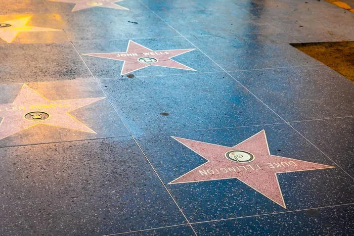 Hollywood Walk of Fame stars on a wet pavement, showing names Jonny Lee Miller and Don Felton