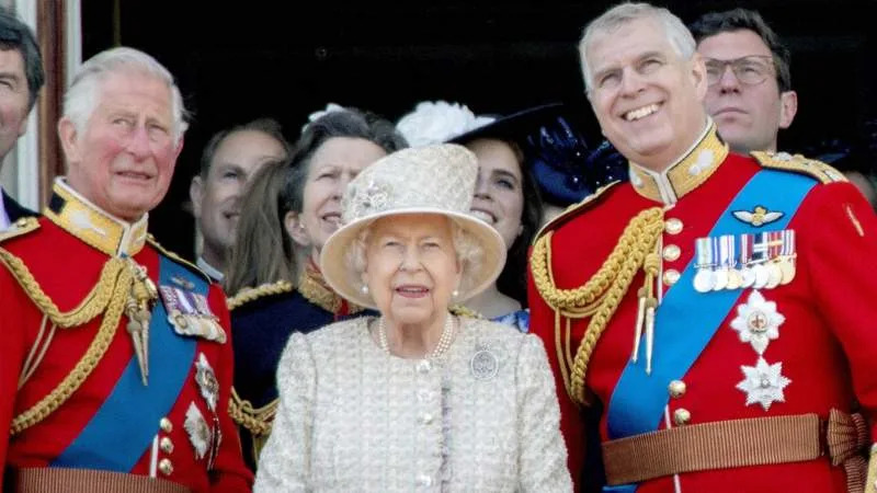 King Charles III, Queen Elizabeth II and Andrew Mountbatten-Windsor attend Trooping the Colour in 2019. By: MEGA