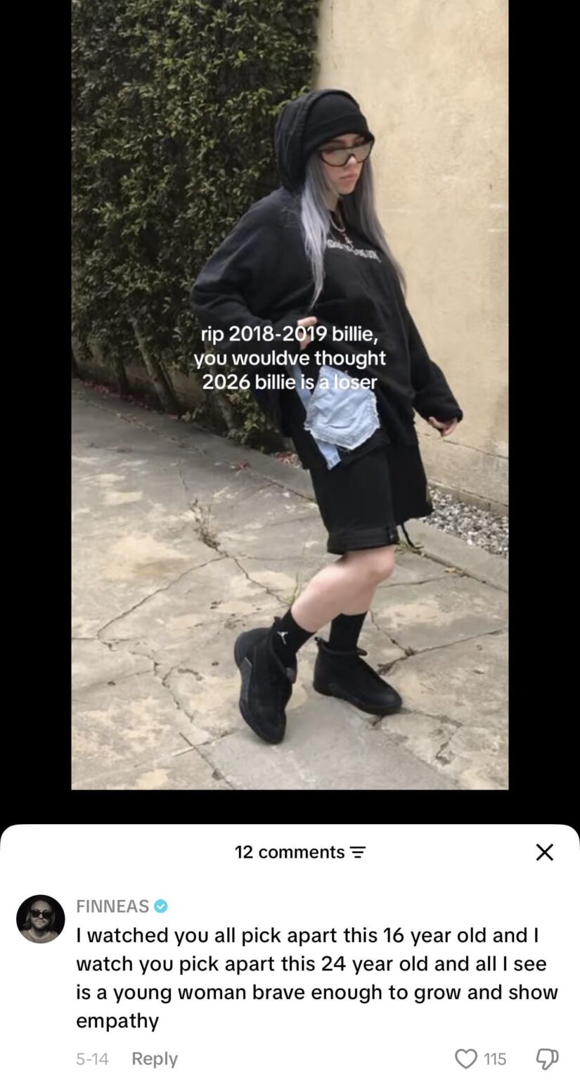 FINNEAS defends his little sister Billie Eilish: “I watched you all pick apart this 16 year old and I watch you pick apart this 24 year old and all I see is a young woman brave enough to grow and show empathy”
