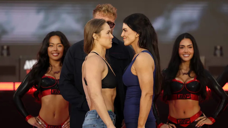 Ronda Rousey faces off against Gina Carano during the Weigh-In for Netflix's Ronda Rousey vs. Gina Carano at Intuit Dome. <p>&lpar;Photo by Sarah Stier&sol;Getty Images for Netflix&rpar;</p>
