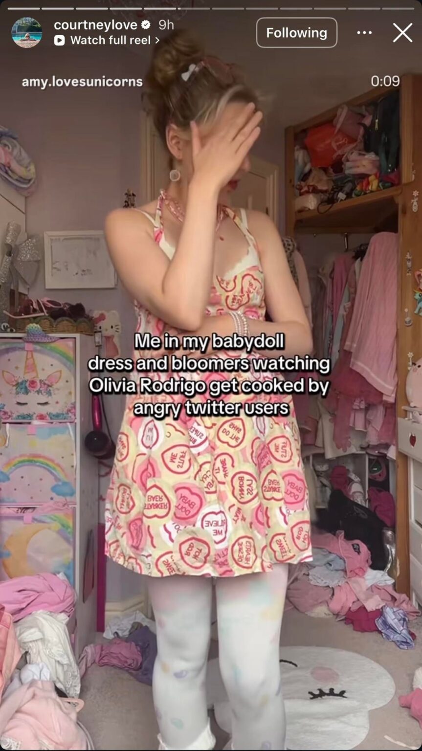 Courtney Love shares Instagram stories in support of Olivia Rodrigo wearing babydoll dresses
