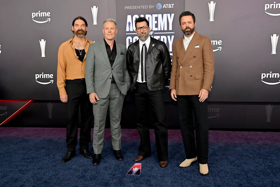 LAS VEGAS, NEVADA - MAY 17: EDITORIAL USE ONLY. (L-R) Geoff Sprung, Trevor Rosen, Matthew Ramsey and Brad Tursi of  Old Dominion attend the 61st Academy of Country Music Awards at MGM Grand Garden Arena on May 17, 2026 in Las Vegas, Nevada. (Photo by David Becker/Getty Images)