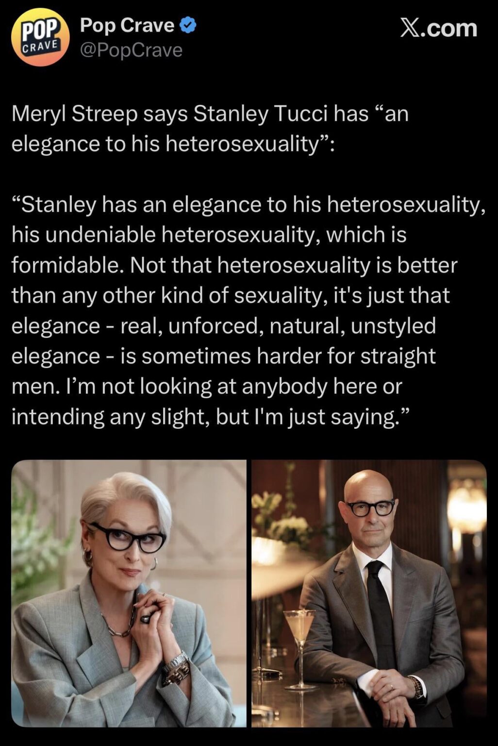Meryl Streep says Stanley Tucci has “an elegance to his heterosexuality”