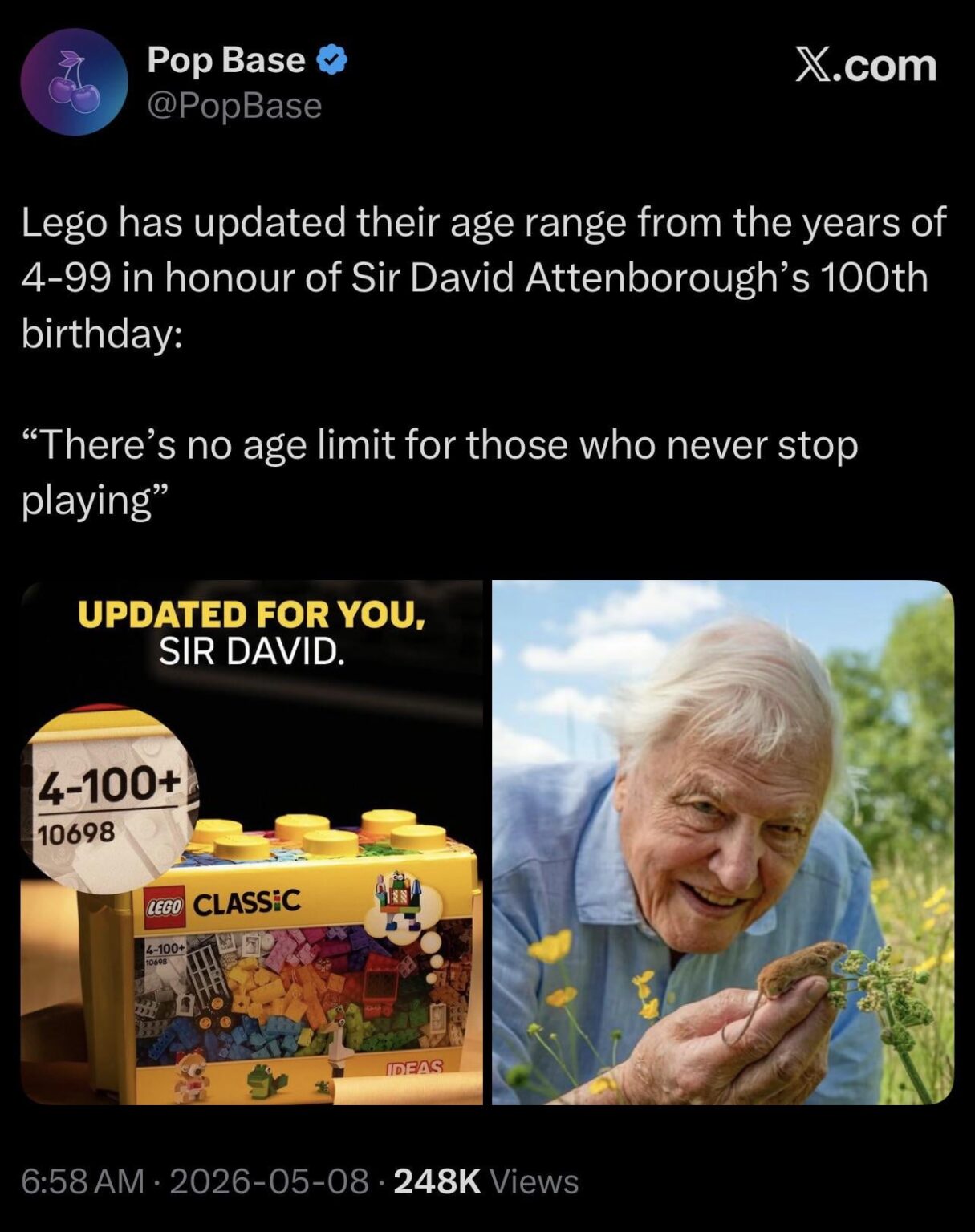 Lego has updated their age range from the years of 4-99 in honour of Sir David Attenborough’s 100th birthday: “There’s no age limit for those who never stop playing”