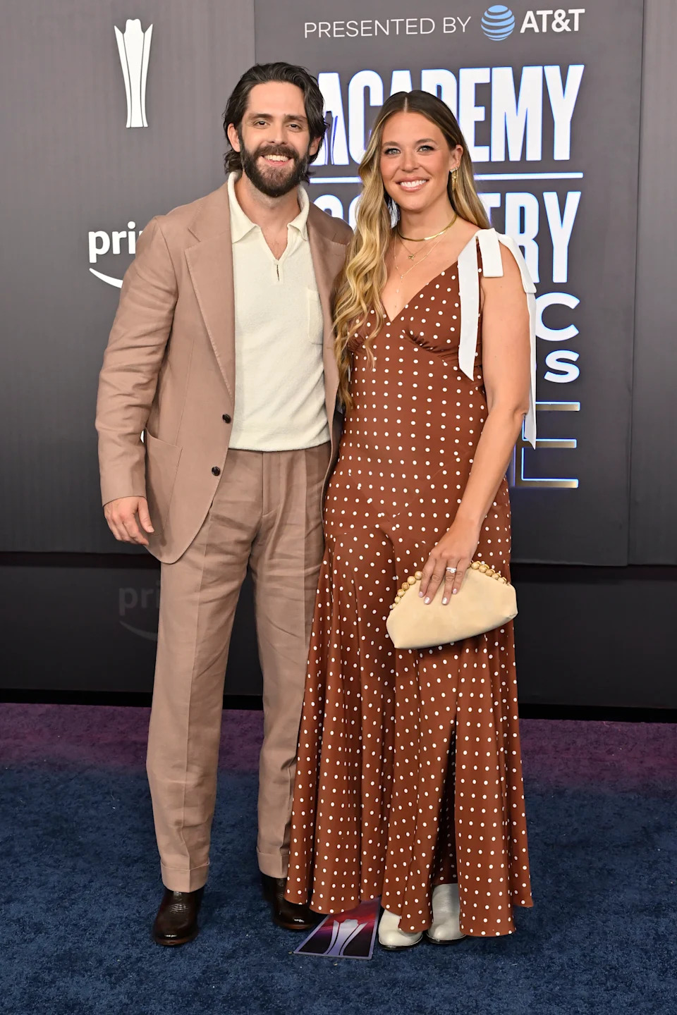 LAS VEGAS, NEVADA - MAY 17: EDITORIAL USE ONLY. (L-R) Thomas Rhett and Lauren Akins attend the 61st Academy of Country Music Awards at MGM Grand Garden Arena on May 17, 2026 in Las Vegas, Nevada. (Photo by David Becker/Getty Images)