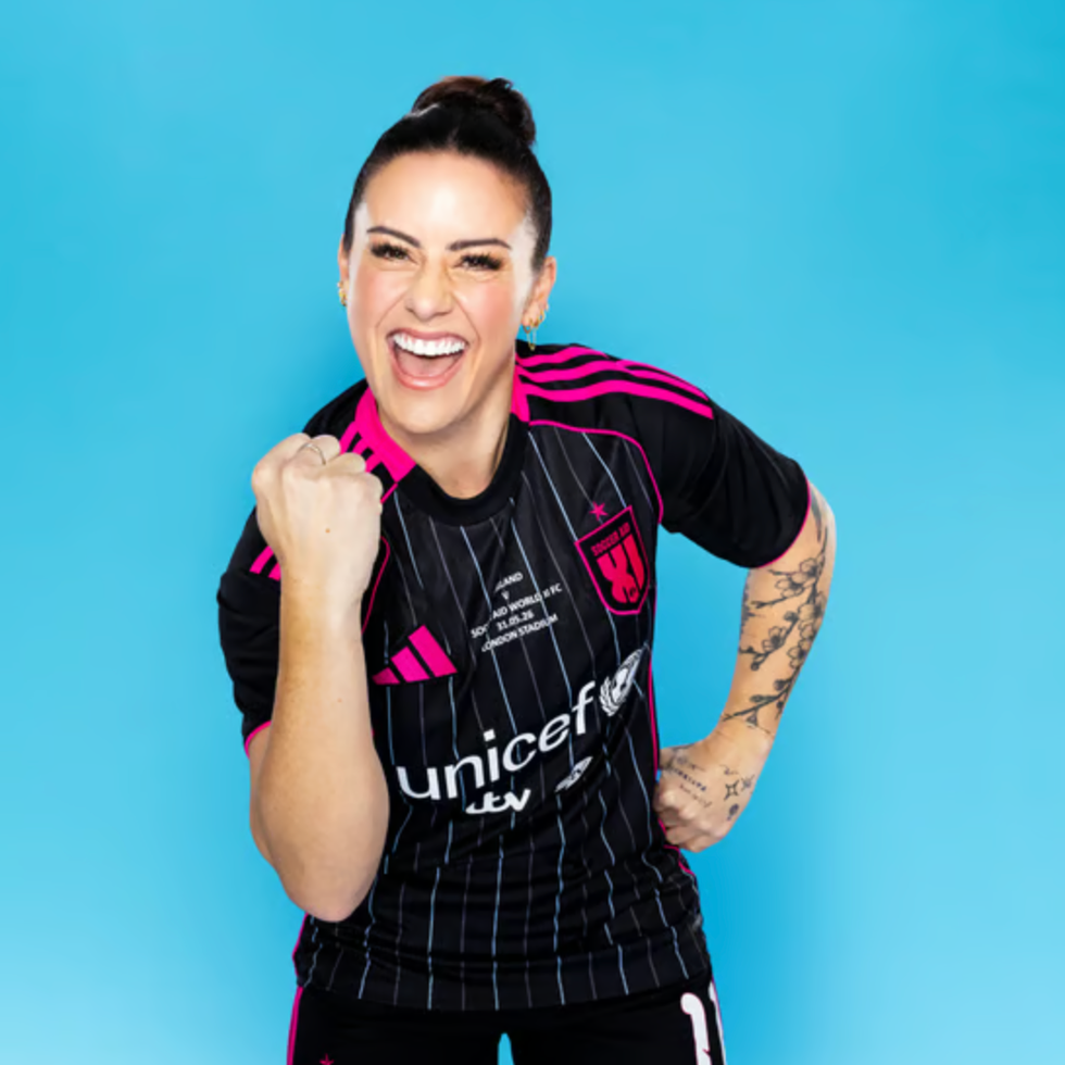 Soccer aid line up athlete in a sports jersey celebrating triumph