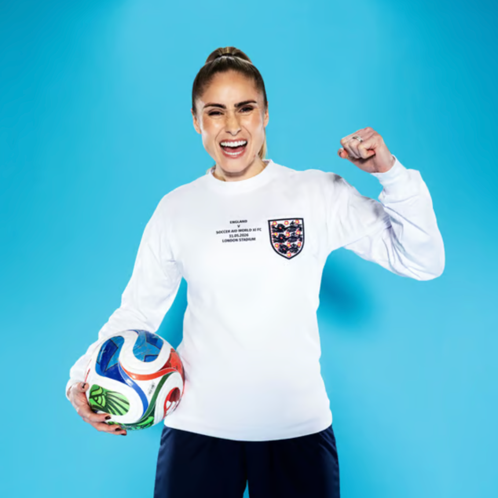Soccer aid line up a soccer player posing with a ball against a blue background