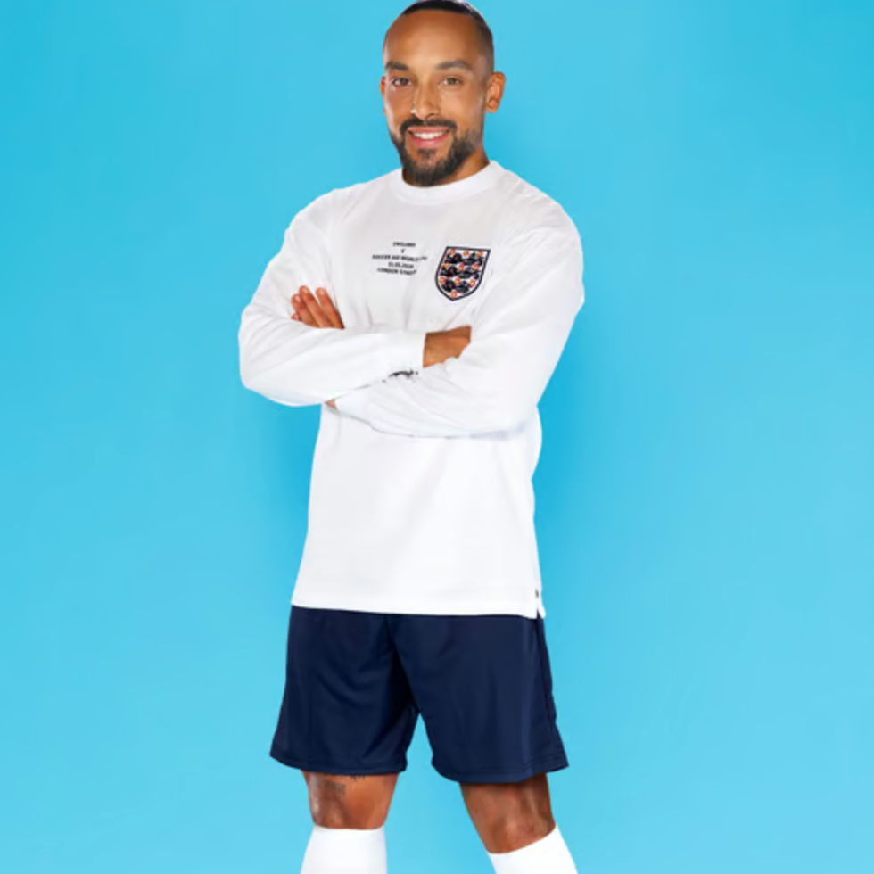 Soccer aid line up person in athletic wear posing confidently against a blue background