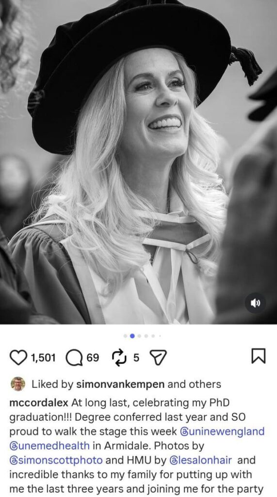 Former Real Housewife of New York City Alex McCord celebrates her PhD graduation for her research into treatment of eating disorders in youth.