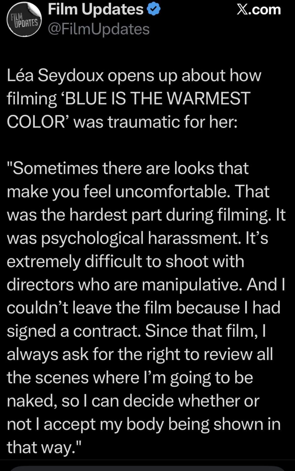 Léa Seydoux on the trauma she experienced while filming ‘Blue Is the Warmest Color’: "Sometimes there are looks that make you feel uncomfortable. That was the hardest part during filming. It was psychological harassment. It's extremely difficult to shoot with directors who are manipulative.”