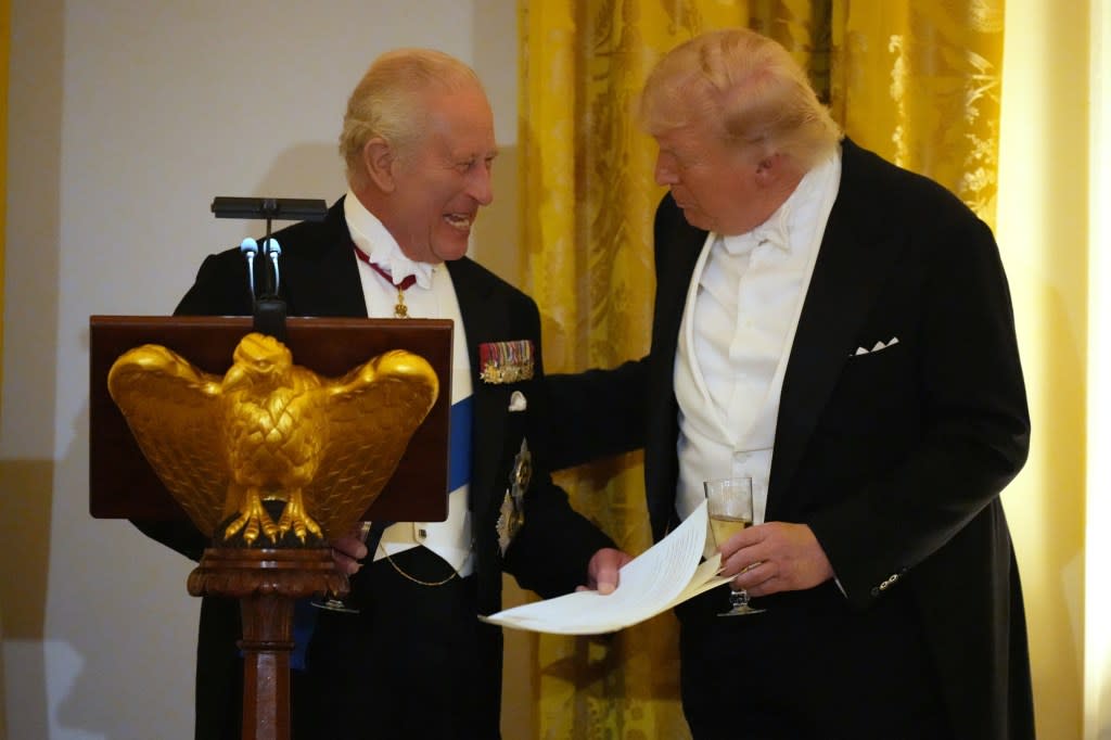 King Charles spoke at the state dinner thrown by President Donald Trump at the White House Tuesday. AP