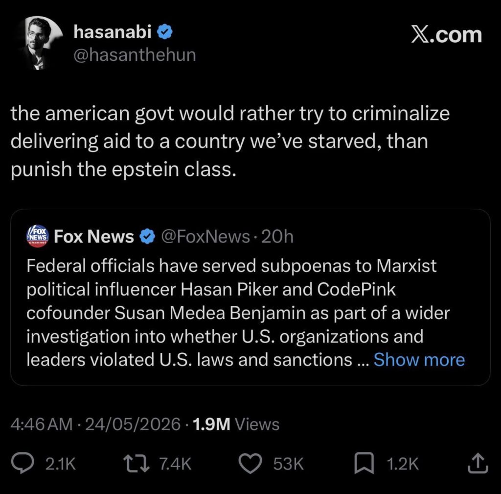 The Trump federal government subpoenaed Hasan Piker and Medea from Code Pink for their Cuba aid trip