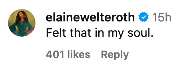 Instagram comment by elainewelteroth: "Felt that in my soul."