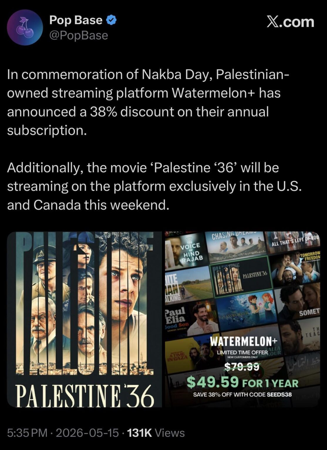 In commemoration of Nakba Day, Palestinian-owned streaming platform Watermelon+ has announced a 38% discount on their annual subscription. Additionally, the movie ‘Palestine ‘36’ will be streaming on the platform exclusively in the U.S. and Canada this weekend.