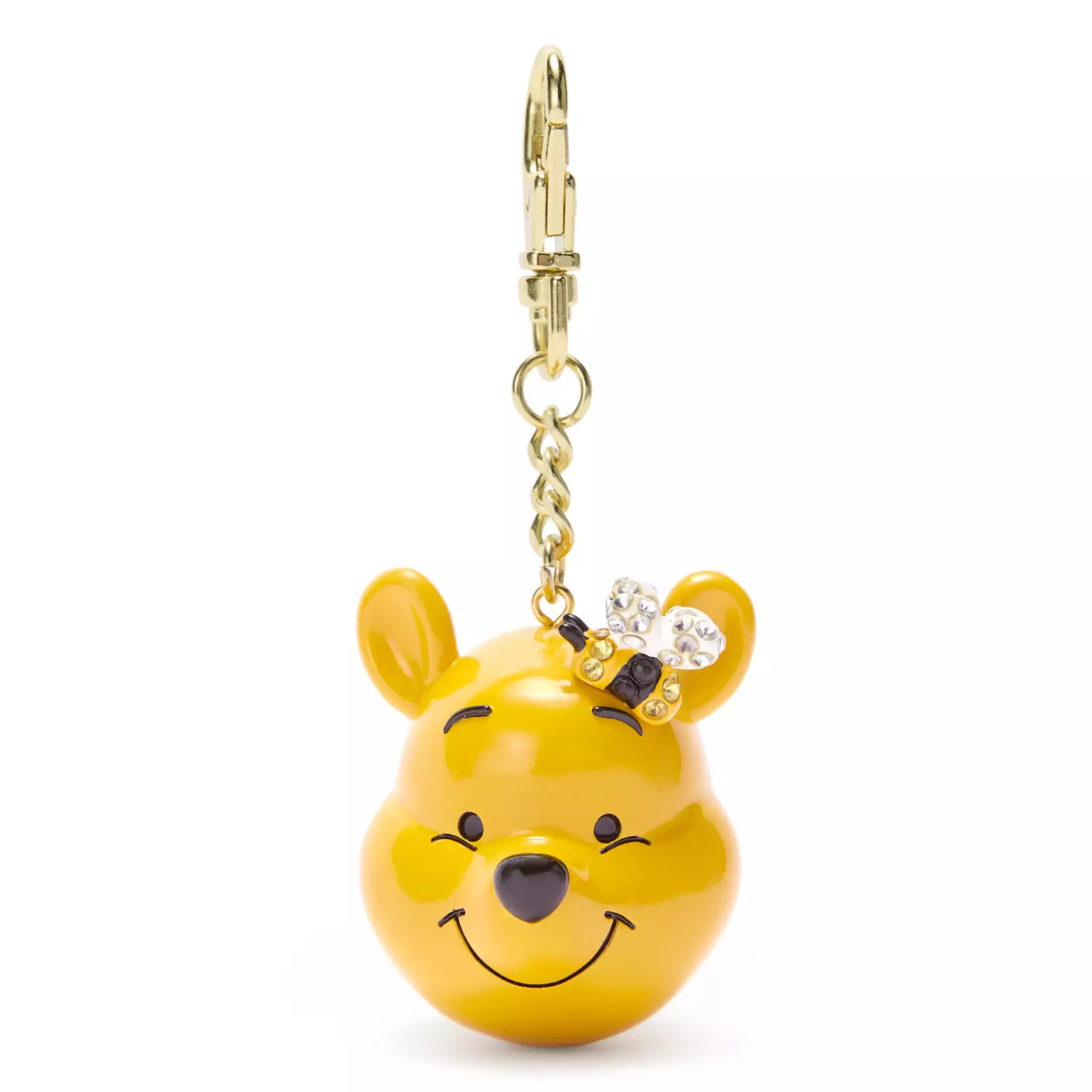 Similarly, this Pooh figural head charm has a bumblebee with rhinestones above his left ear. Pooh is smiling big with raised eyebrows.
