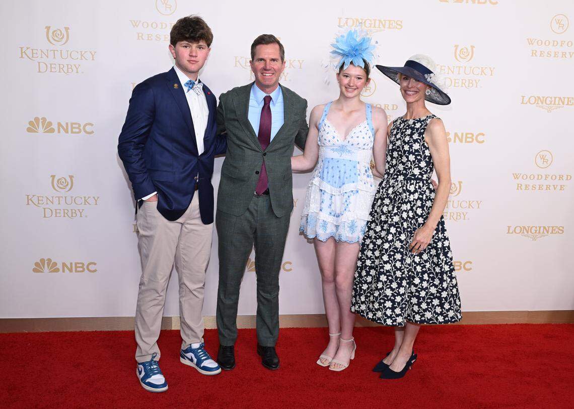 LOUISVILLE, KENTUCKY - MAY 02: Governor of Kentucky, Andy Beshear (2nd from L) and family attend the Kentucky Derby 152 at Churchill Downs on May 02, 2026 in Louisville, Kentucky. 