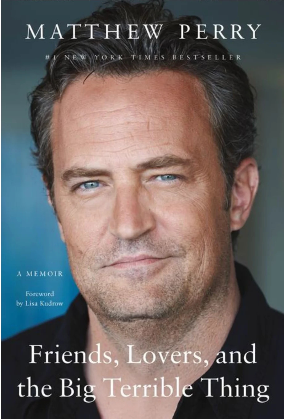 Cover of Matthew Perry's memoir, "Friends, Lovers, and the Big Terrible Thing," featuring his close-up