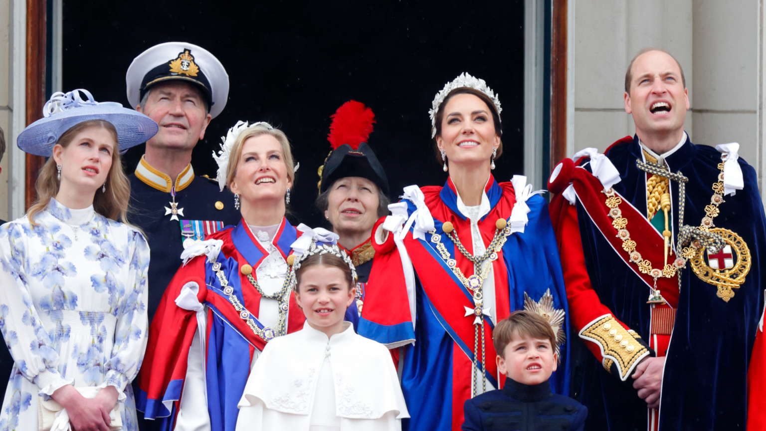The British Royal Family stands on the Buckingham Palace balcony