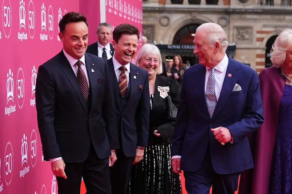 london, england may 11: king charles iii laughs with ant mcpartlin and declan donnelly, aka ant and dec, as they attend the kings trust 50th anniversary celebration at royal albert hall on may 11, 2026 in london, england. (photo by aaron chown pool/getty images)
