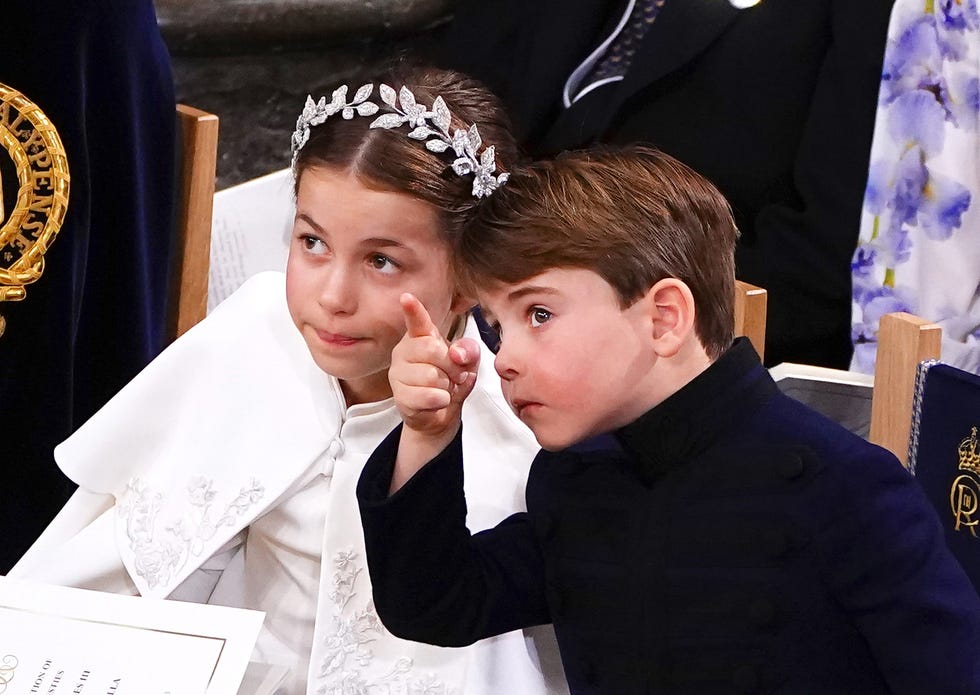 london, england may 06: britains prince louis and princess charlotte attend the coronation of king charles iii and queen camilla at westminster abbey on may 6, 2023 in london, england. the coronation of charles iii and his wife, camilla, as king and queen of the united kingdom of great britain and northern ireland, and the other commonwealth realms takes place at westminster abbey today. charles acceded to the throne on 8 september 2022, upon the death of his mother, elizabeth ii. (photo by yui mok wpa pool/getty images)