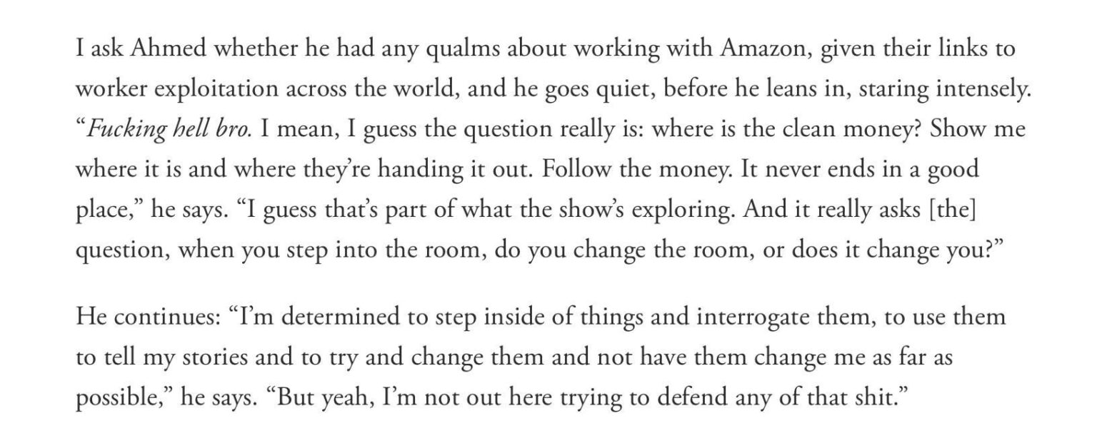Riz Ahmed on whether he had any qualms about working with Amazon for his show ‘Bait’