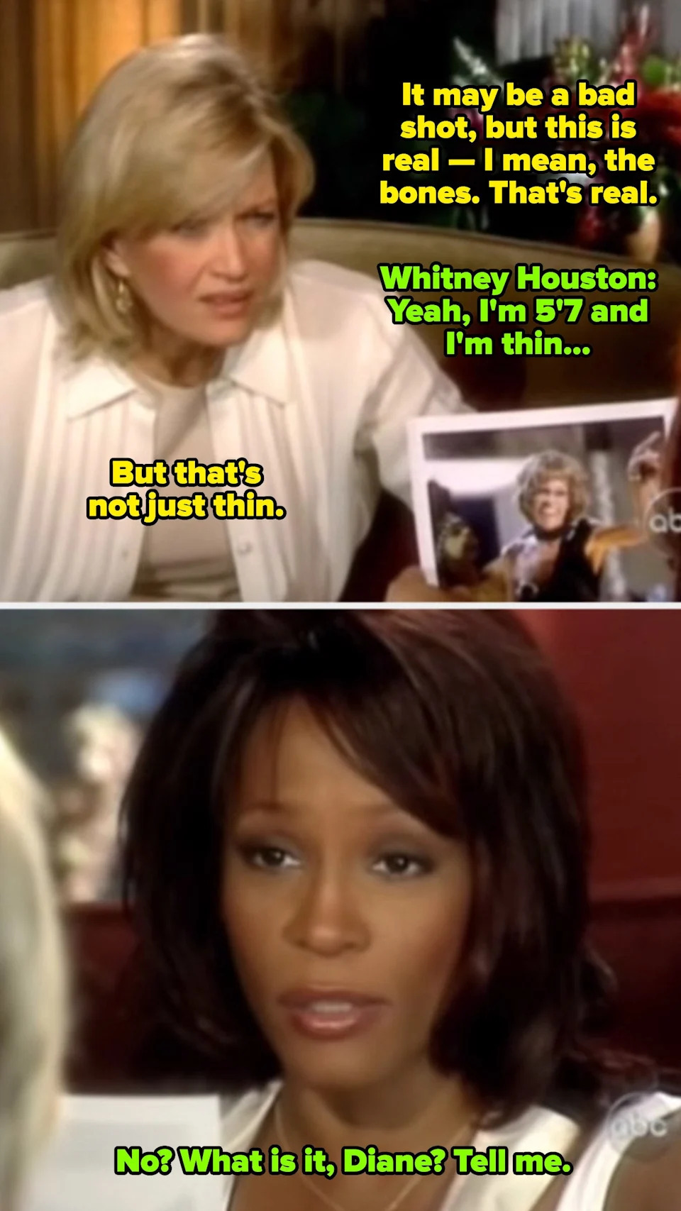 Diane Sawyer questioning Whitney Houston's weight in a 2002 interview